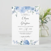 埃っぽい青いフローラQRコードRSVPすべて結婚の 招待状 (スタンド正面)