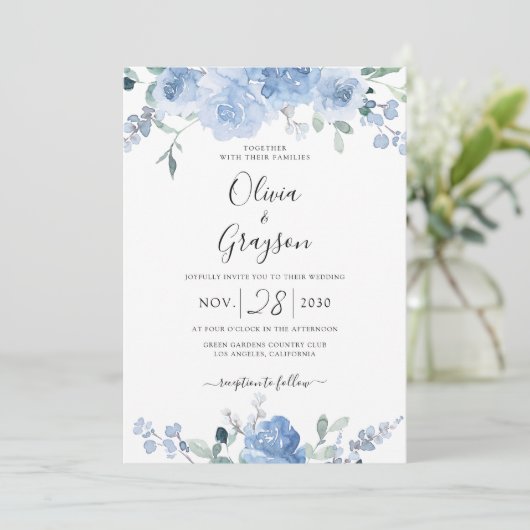 埃っぽい青いフローラQRコードRSVPすべて結婚の 招待状 (スタンド正面)