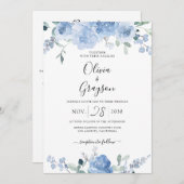 埃っぽい青いフローラQRコードRSVPすべて結婚の 招待状 (正面/裏面)