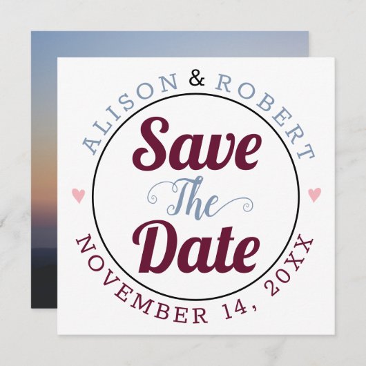 埃っぽい青いブルゴーニュのタイポグラフィ写真が背中に セーブザデート (正面/裏面)