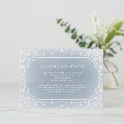 埃っぽい青いロマンチックなヴィンテージの結婚式場 エンクロージャーカード (スタンド正面)