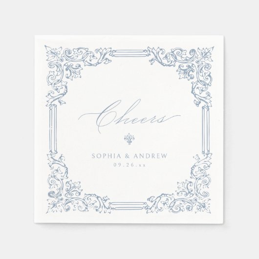 埃っぽい青いヴィンテージフレームエレガント応援結婚 スタンダードカクテルナプキン (正面)