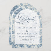埃っぽい青いヴィンテージ結婚フローラが一つになった 招待状 (正面/裏面)