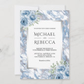 埃っぽい青い大理石フローラシルバー結婚オールインワン 招待状 (正面)