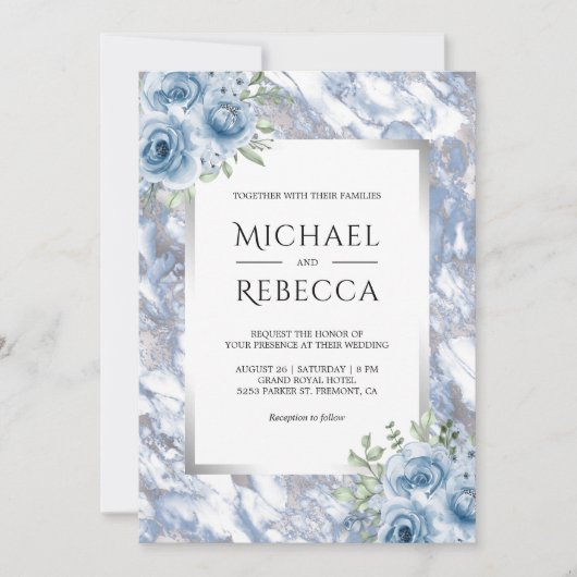 埃っぽい青い大理石フローラシルバー結婚オールインワン 招待状 (正面)