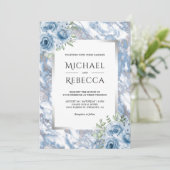 埃っぽい青い大理石フローラシルバー結婚オールインワン 招待状 (スタンド正面)