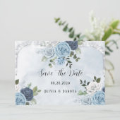 埃っぽい青い水色のフローラ日付カードを保存 招待状 (スタンド正面)