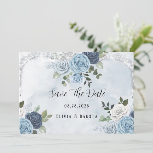 埃っぽい青い水色のフローラ日付カードを保存 招待状 (スタンド正面)