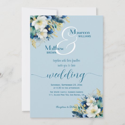 埃っぽい青い金ゴールドグリッターフローラQRコード結婚ズ 招待状 (正面)