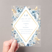 埃っぽい青い金ゴールドフローラ結婚開花 アクリル招待状 (インサイチュ (ポータブル))