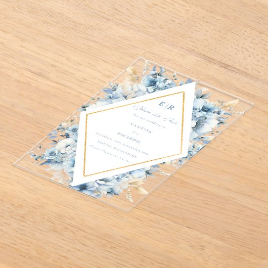 埃っぽい青い金ゴールドフローラ結婚開花 アクリル招待状 (レイダウン)
