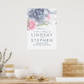 埃っぽい青とピンクのフローラ結婚の歓迎サイン ポスター (キッチン)