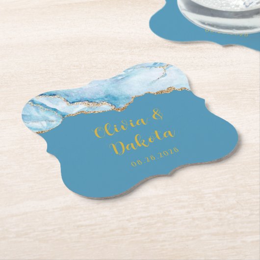 埃っぽい青と金ゴールドアガートカスタムウェディング ペーパーコースター (アングル)
