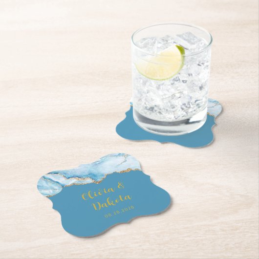 埃っぽい青と金ゴールドアガートカスタムウェディング ペーパーコースター (インサイチュ)