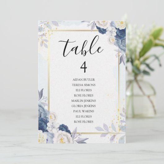 埃っぽい青と金ゴールド結婚フローラのシーティングカード 招待状 (スタンド正面)