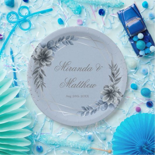 埃っぽい青と銀の幾何学的結婚フローラ ペーパープレート (パーティー)