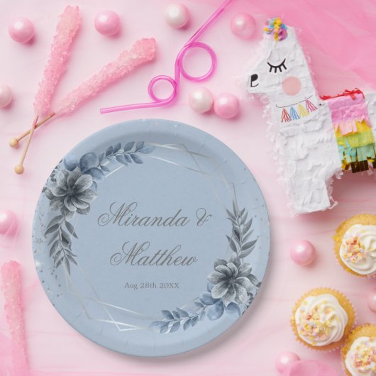 埃っぽい青と銀の幾何学的結婚フローラ ペーパープレート (パーティー)
