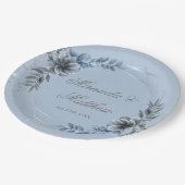 埃っぽい青と銀の幾何学的結婚フローラ ペーパープレート (アングル)