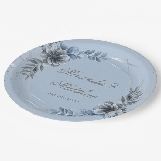 埃っぽい青と銀の幾何学的結婚フローラ ペーパープレート (アングル)