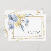埃っぽい青フローラ幾何学的金ゴールドフレーム結婚ズ 出欠カード (正面/裏面)