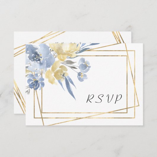 埃っぽい青フローラ幾何学的金ゴールドフレーム結婚ズ 出欠カード (正面/裏面)