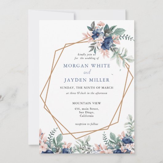 埃っぽい青フローラ幾何学的金ゴールドフレーム結婚ズ 招待状 (正面)