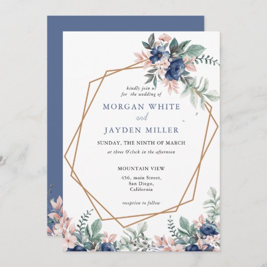 埃っぽい青フローラ幾何学的金ゴールドフレーム結婚ズ 招待状 (正面/裏面)