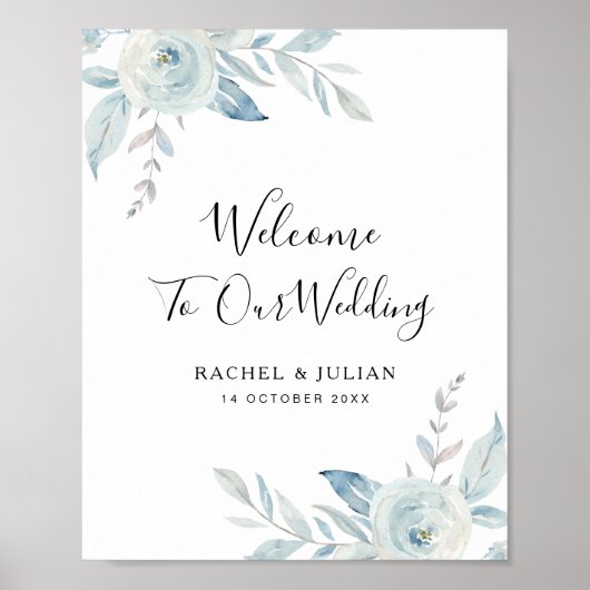 埃っぽい青結婚フローラの歓迎サイン ポスター (正面)
