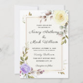 埃っぽエレガントい青いフローラのゴールデ結婚ンフレーム 招待状 (正面)