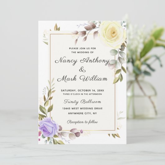 埃っぽエレガントい青いフローラのゴールデ結婚ンフレーム 招待状 (スタンド正面)