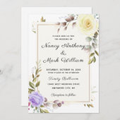 埃っぽエレガントい青いフローラのゴールデ結婚ンフレーム 招待状 (正面/裏面)