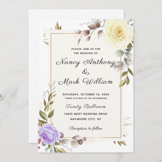 埃っぽエレガントい青いフローラのゴールデ結婚ンフレーム 招待状 (正面/裏面)