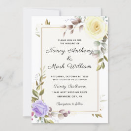 埃っぽエレガントい青いフローラのゴールデ結婚ンフレーム 招待状