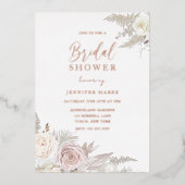 埃の多いバラとアイボリーフローラブライダルシャワーバラ金ゴールド 箔招待状 (正面)