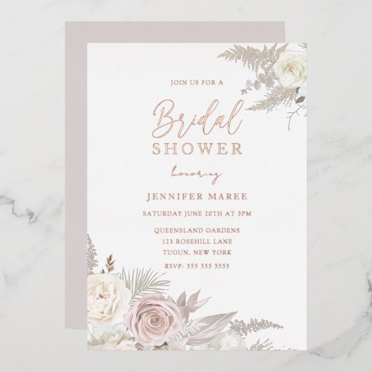 埃の多いバラとアイボリーフローラブライダルシャワーバラ金ゴールド 箔招待状 (正面/裏面)