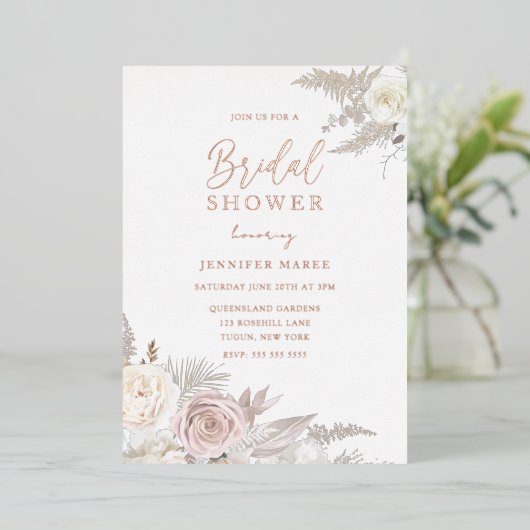 埃の多いバラとアイボリーフローラブライダルシャワーバラ金ゴールド 箔招待状 (立ち正面)