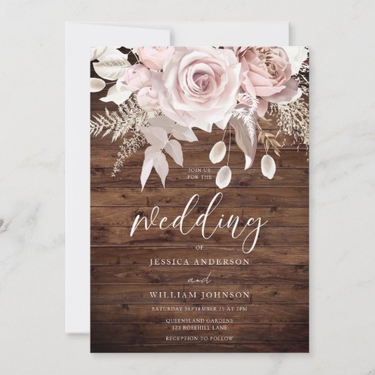 埃の多いバラと赤面のフローラ素朴の結婚数 招待状 (正面)