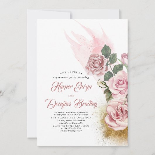 埃の多いバラと金ゴールドグリッターフローラ婚約パーティ 招待状 (正面)