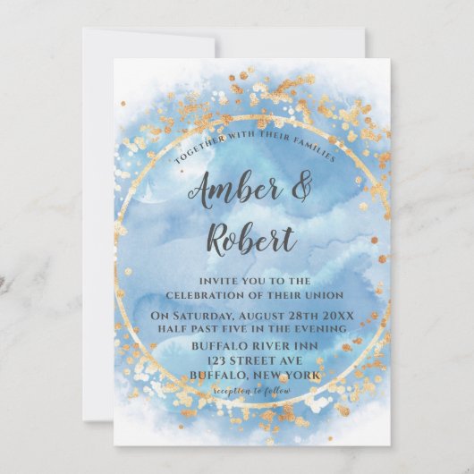 埃の多いブルーウォーターのカラー金ゴールド結婚式招待状 (正面)