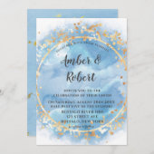 埃の多いブルーウォーターのカラー金ゴールド結婚式招待状 (正面/裏面)