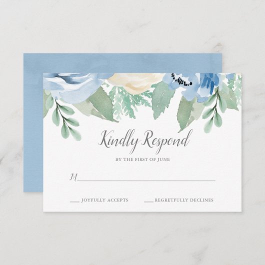 埃の青い水色のフローラ結婚式RSVPカード 出欠カード (正面/裏面)