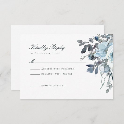 埃の青い水色のフローラ結婚式RSVPカード 出欠カード (正面/裏面)