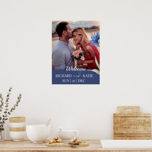 埃はっきりした青フローラスタイリッシュQRコー結婚ド ポスター (キッチン)