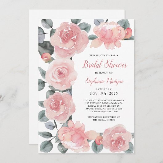 埃バラユーカリエレガントフローラブライダルシャワー 招待状 (正面/裏面)