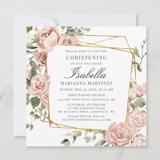 埃ピンクフローラ金ゴールド幾何学模様《キリスト教》洗礼式や命名式 招待状 (正面)