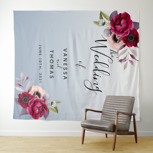 埃結婚っぽい青いブルゴーニュ花模様の写真背景 タペストリー (インサイチュ(横))