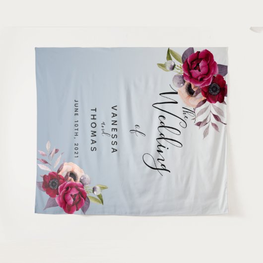 埃結婚っぽい青いブルゴーニュ花模様の写真背景 タペストリー (正面(横))