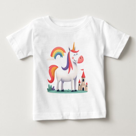 城と虹の魔法のユニコーン – 子供用 ベビーTシャツ (正面)