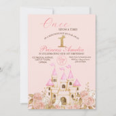 城のプリンセスピンクと金ゴールドの最初の誕生日パーティー 招待状 (正面)