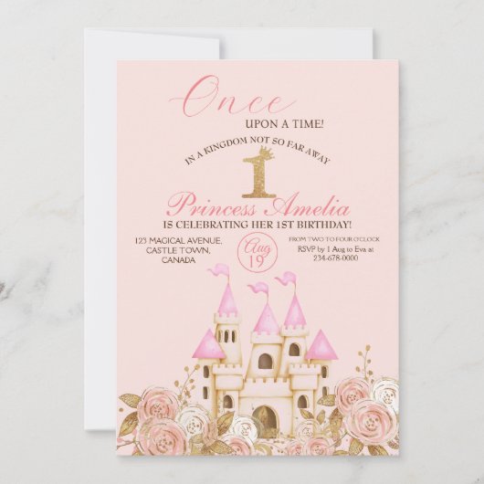 城のプリンセスピンクと金ゴールドの最初の誕生日パーティー 招待状 (正面)